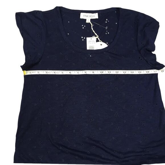 Pink Rose Top Eyelet Short Flutter Sleeve Blouse Women's L Navy Blue NEW Shirt‎ - Picture 4 of 9